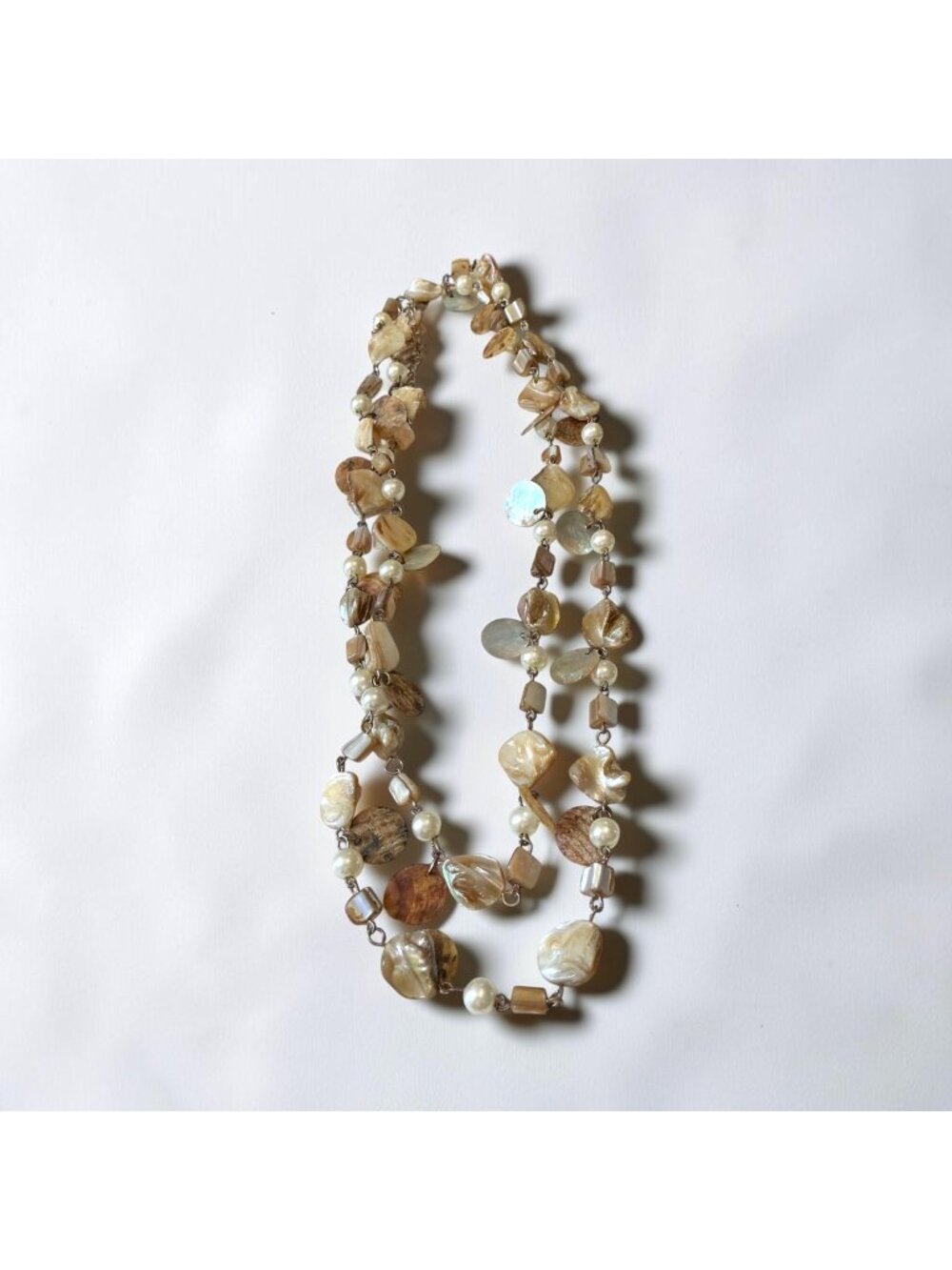 Long Vintage Mother Of Pearl & Shell Necklace With Faux Pearls Coastal Boho